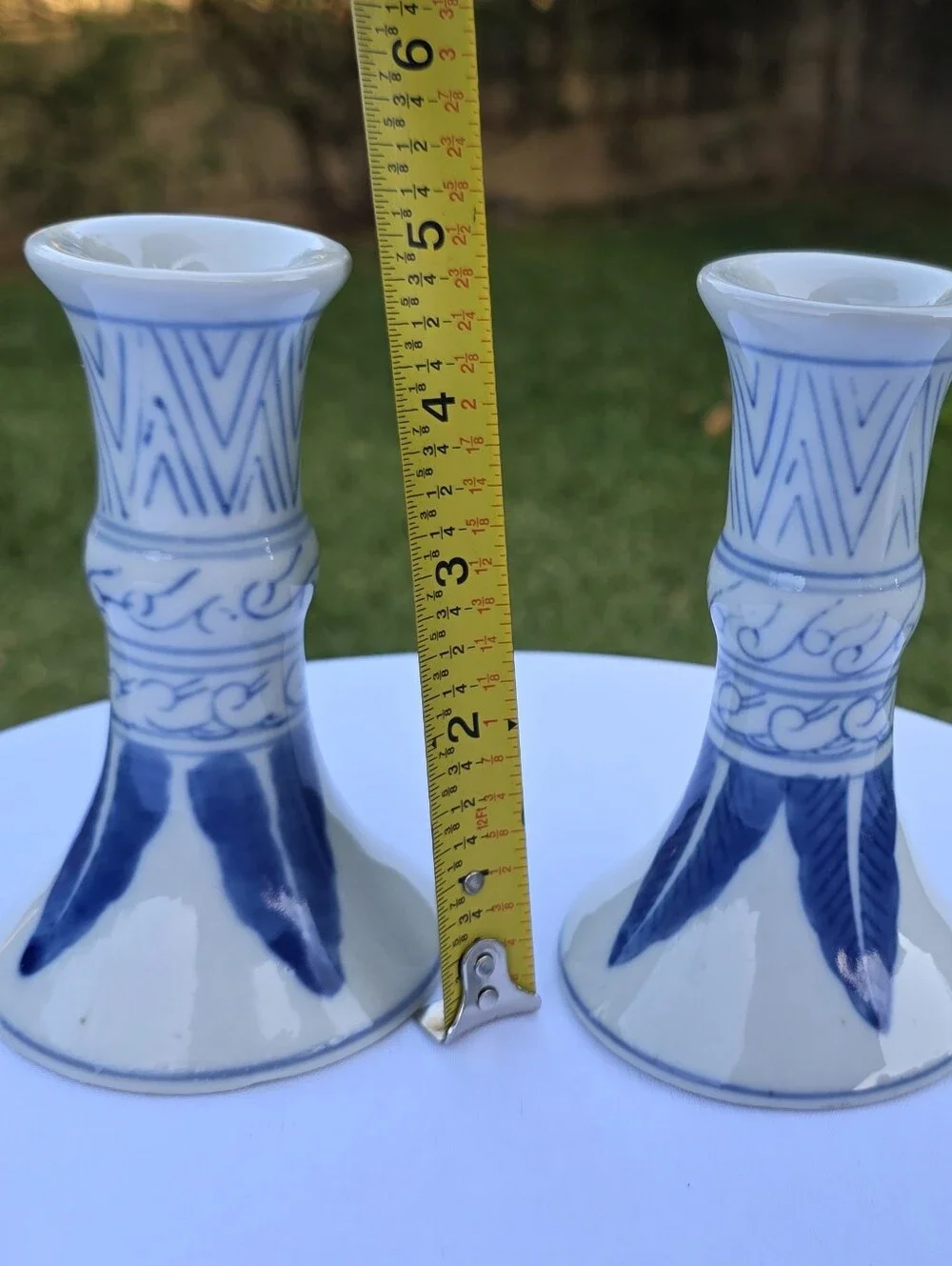 Vintage Williams Sonoma Blue & White Ceramic Candlestick Holders - Set of 2